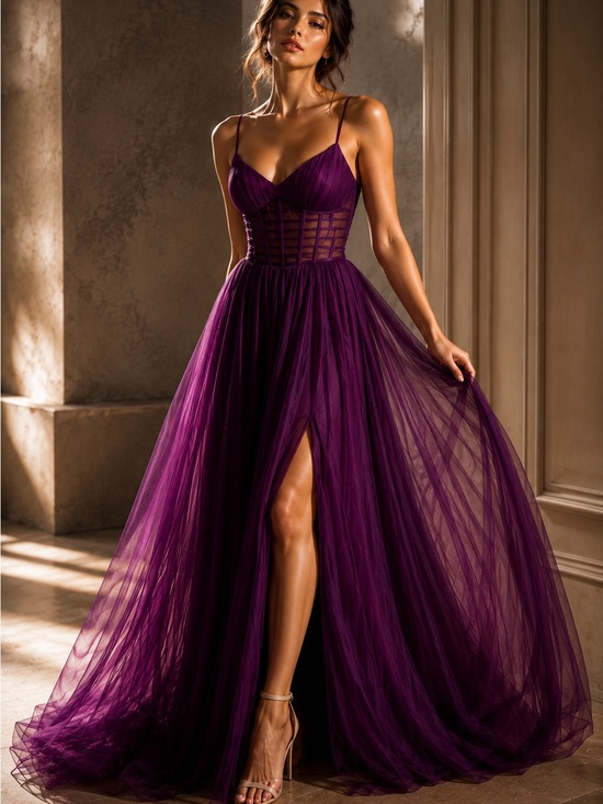 Windsor Dresses & Skirts - Windsor XS Plum Tulle Corset Illusion Waist Formal Prom Evening Gown Maxi Dress